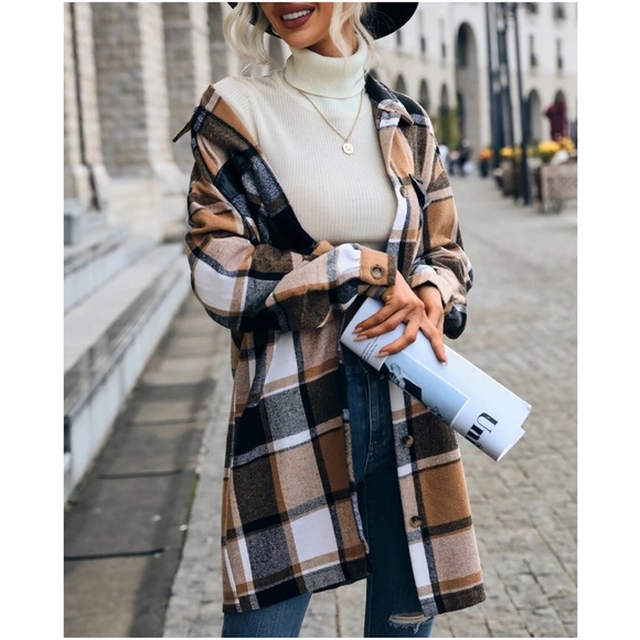 Cozy Plaid Print Button up Oversized Jacket Shacket - Picture 3 of 6